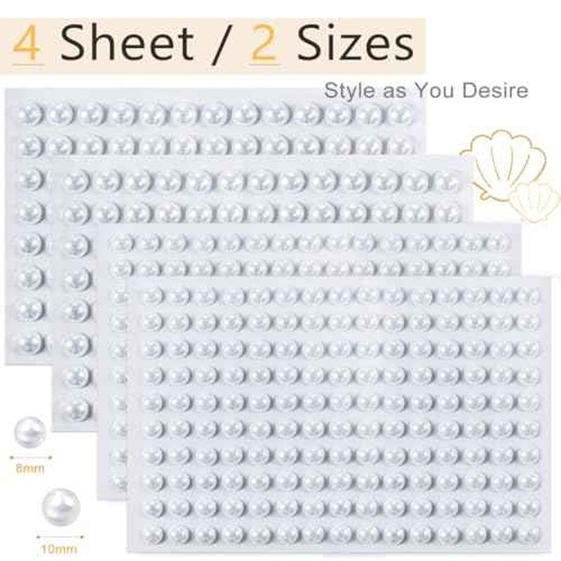 4 Sheets Pure White Flatback Pearls Stickers Self Adhensive Solid White Big Half Pearls Stick On Jewels 8mm 10mm Large Sizes Gems Stick on for Nails Face Eyes Hair Makeup Clothing DIY Crafting