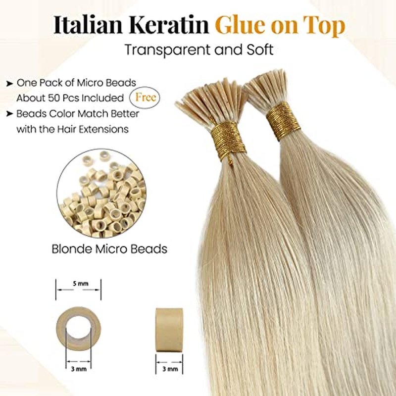 I Tip Human Hair Extension Platinum I Tips Real Hair Extensions for Women 50s 50g Keratin Cold Fusion Pre Bonded Itip Blonde Hair Extensions 22 Inch Silky Straight for Blonde Hair