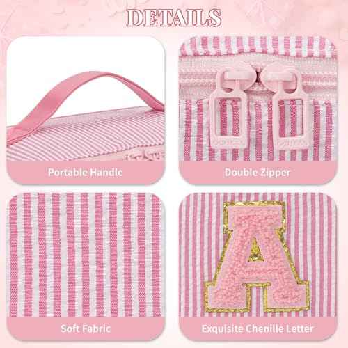 Travel Makeup Bag for Women, 2Pcs Portable Personalized Initial Makeup Organizer Bag, Open Flat Large Cosmetic Bag With Travel Essential Pouch (Pink Letter L)
