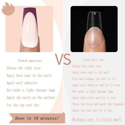 Press on Nails, 24 pcs French Press on Nails, Fake Ombre, Acrylic ons Glossy False Full Cover Glue on Soft Gel Stick on, for Women