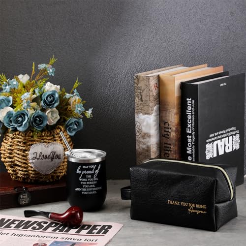 Dandat Set of 3 Thank You Gift for Men Leather Toiletry Bag May You Be Proud of The Work Sign 12oz Stainless Steel Tumbler with Inspirational Keychain for Men Teacher Male Staff(Black)