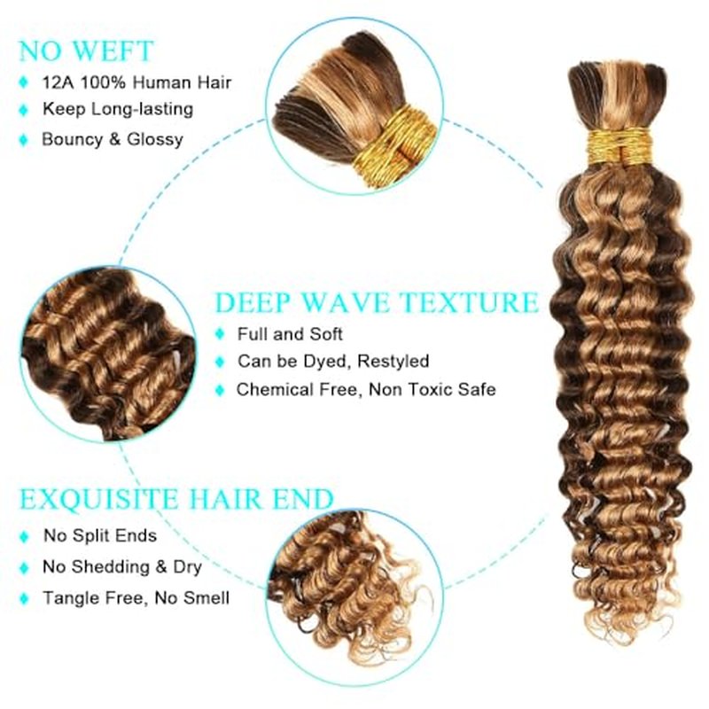 Human Braiding Hair for Boho Braids 110g 18 Inch Deep Wave Boho Bulk Human Hair for Braiding Knotless 12A Wet and Wavy Bohemian 2 No Weft Bundles/Pack Curly Braids Natural Color 4/27