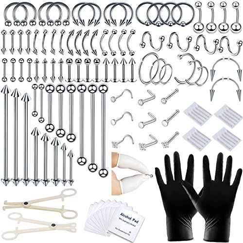120PCS Body Piercing Kit Nose Stud Piercing Kits for All Body Piercings Stainless Steel Jewelry with 12G 14G 16G Piercing Needles for Ear Cartilage Tragus Nose Septum Lip Nipple Belly Button