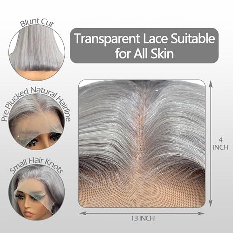 Grey Bob Wigs Human Hair 13x4 Lace Front Wigs Glueless Brazilian Remy Hair Straight for Women 8 Inch Pre Plucked Natural Hairline 180% Density Dark Grey HD Lace Frontal Short Bob Wigs