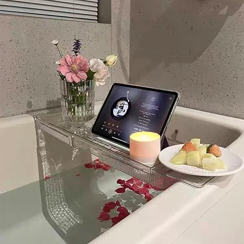 IEEK Expandable Bath Tray with Wine and Book Holder - Clear Acrylic Bathtub Caddy Shelf - Plastic Board Gift for Women