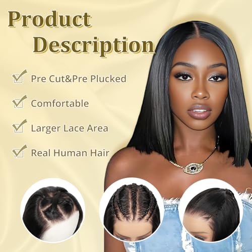 Bob Wig Human Hair 14 inch Glueless Wigs Human Hair Pre Plucked Pre Cut 9x6 HD Lace Front 200% Density Glueless Wigs Human Hair Short Straight Bob Wigs for Black Women