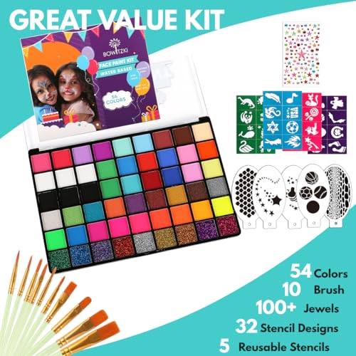 Bowitzki Face Paint Kit with 54 Colors, 8 sheets Stencils, 2 Glitters,10 Brushes, 1 Sheet Gems, Water Based Face Painting Kit, Safe Professional Halloween Party Makeup Set