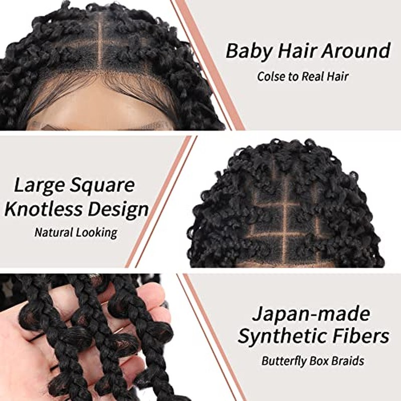 Lexqui 14" Short Knotless Braided Wigs for Women Box Braid Wig Full Double Lace Butterfly Bob Braided Lace Wigs with Baby Hair Synthetic Hair Braid Lace Front Wig Natural Black