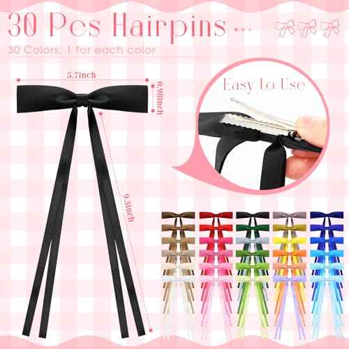 Mimorou 30 Pcs Hair Bow Clips Bulk Ribbon Bowknot Satin Tassel Hair Clips Barrettes Accessories with Long Tail for Women Girls