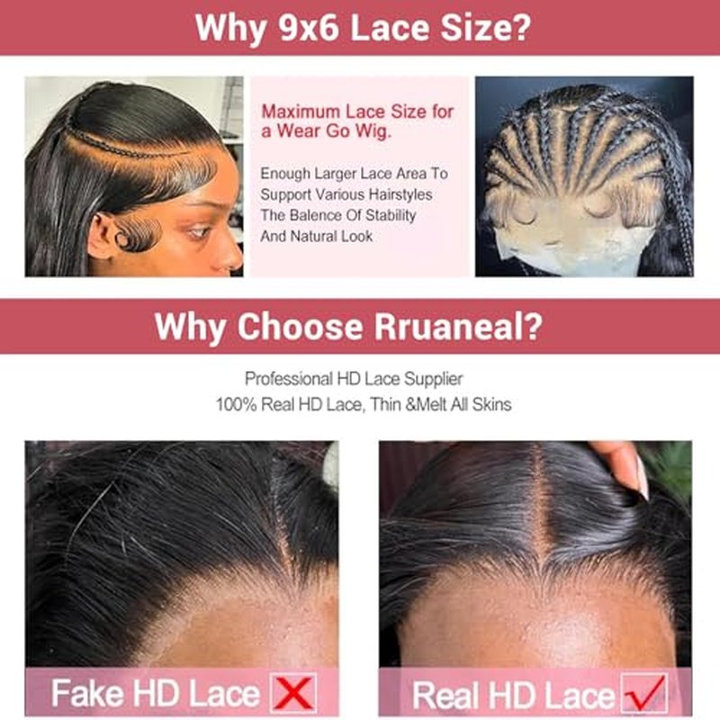 24 Inch Straight Glueless Wigs Human Hair Pre Plucked Pre Cut 9X6 HD Clouser Lace Front Wigs 220% Density Straight Human Hair Wigs for Black Women