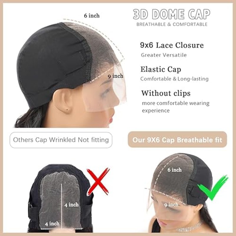 Pre-sewn 9x6 HD Lace Closure with Glueless Cap ? Body Wave Human Hair Closure with Baby Hair, Bleach & Dye Friendly, Beginner Friendly 16 Inch Natural Black