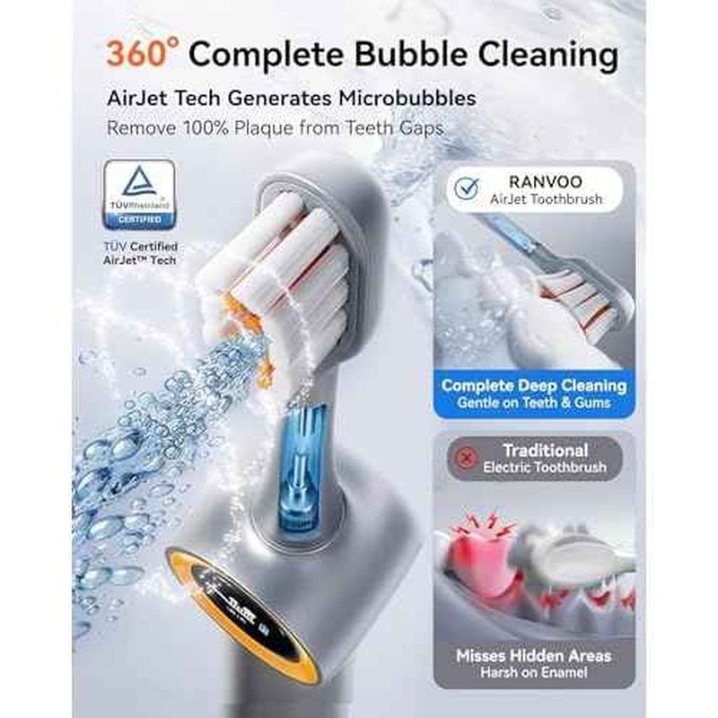 RANVOO AirJet PH3 [Vibrating & Flossing 2-in-1] Bubble Sonic Electric Toothbrush, Plaque Removal, White for Adult Protect Gum Orthodontic Teeth Clean Rechargeable Gift with 2 Soft Brush Heads Grey