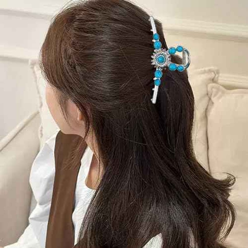 2 PACK Extra Turquoise Blue Stone Sun Hair Claw Clip, Metal Retro Style Hairpin Western Hair Clip, Nonslip Hair Accessories for Thick Hair