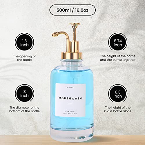 Molimoli Hand Bathroom Soap Dispenser Set, Glass Mouthwash Dispenser for Bathroom, Dish Soap Dispenser for Kitchen Sink, Soap Dispenser Pump, 500ml/16.9 Oz, Set of 2, Gold