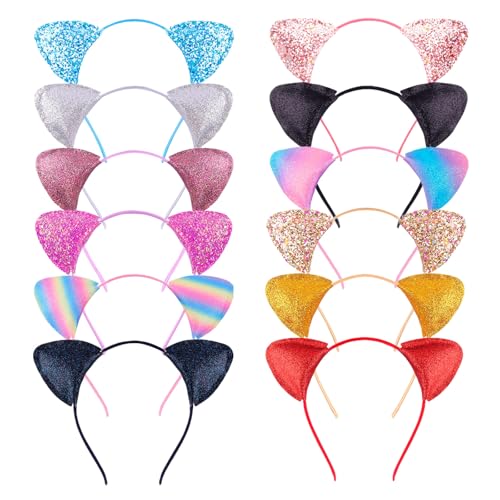 12 Shining Cat Ear Headbands, Daily Decorations Party Lovely Sequin Headwear, Hair Hoop for Girls Women