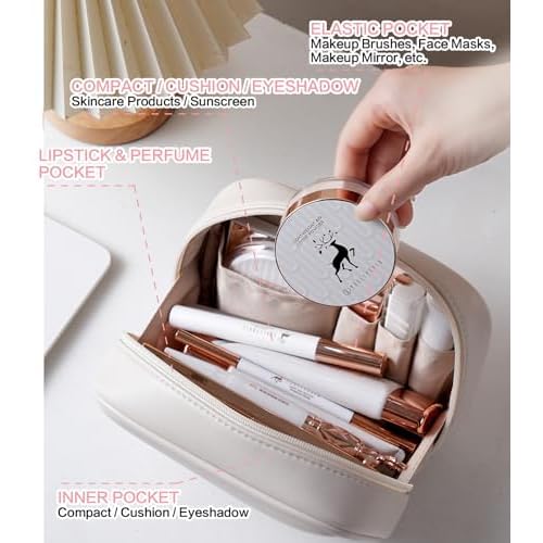 Travel Makeup Bag Cosmetic Bag for Women,Small Makeup Organizer Bag,Cute & Waterproof Vegan Leather Makeup Case with Multiple Compartments,Toiletry Bag for Cosmetics (BROWN)