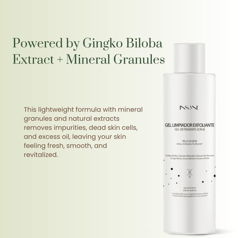 INSANE GLOW Exfoliating Cleansing Gel with Mineral Granules for Sensitive Skin – Purifies Pores, Smooths & Refines Skin with Ginkgo Biloba & Red Algae. Dermatologically Tested, Gentle Daily Use