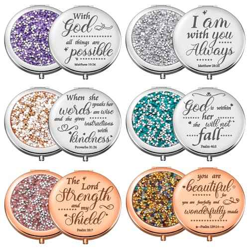 Thyle 12 Pcs Christmas Christian Compact Mirror Gifts for Women Bible Verse Bulk Hand Makeup Compact Purse Mirror Religious Baptism Gift for Christmas Stocking Stuffers Women(Colorful)