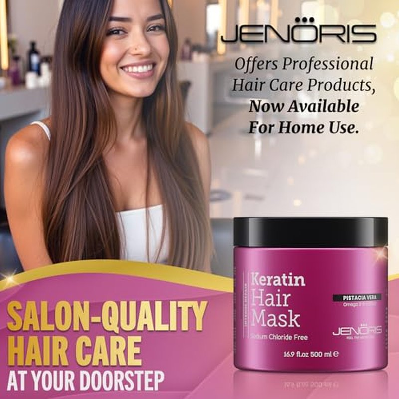 Jenoris Keratin Hair Mask for Dry, Damaged & Frizzy Hair ? Deep Conditioning Treatment with Natural Omega 3-6-9 Complex & Pistachio Oil, Salon-Professional, Paraben & SLS Free, 16.9 Fl Oz