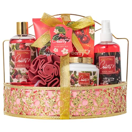 Bath & Body Basket Set, Cherry Fruit Scent Spa Gift Basket with Shower Gel, Lotions for Women Gift Set, Spa Kits for Christmas Valentine's Birthday Gift All Occasion Holiday Gift Idea Luxury Bath Set