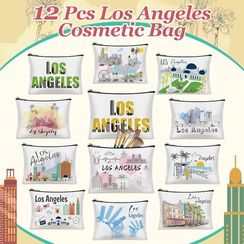 Reginary 12 Pcs Los Angeles Souvenirs Canvas Cosmetic Bag Watercolor Los Angeles City Souvenir Gift Women Travel Gifts Grocery Christmas Party Favors