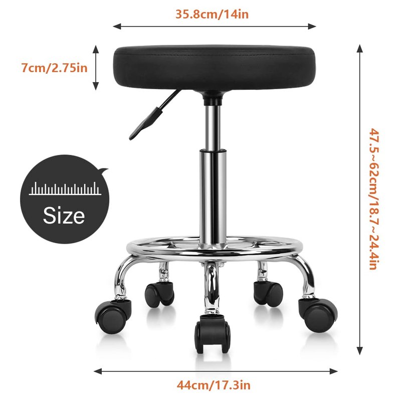 KKTONER PU Leather Round Rolling Stool with Foot Rest Swivel Height Adjustment Spa Drafting Salon Tattoo Work Office Massage Stools Task Chair Cushion 14 inches (Black)