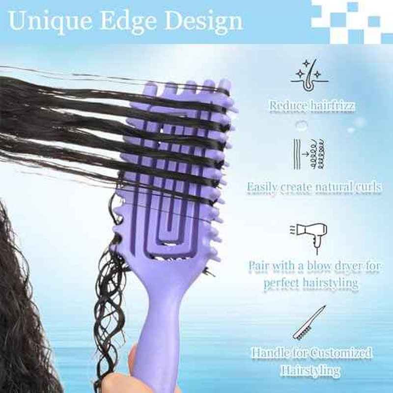Curly Hair Brush,Curl Defining Brush plus 3 Pieces Hair Styling Comb Set(Slick Back Hair Brush,Rat Tail Comb,Edge Bristle Brush) Lightweight Vented for Combing, Shaping, Styling(Purple)