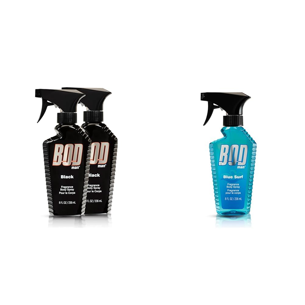 BOD man Fragrance Body Spray, Black, 8 fl oz (Pack of 2) & Blue Surf, 8 Fl Oz