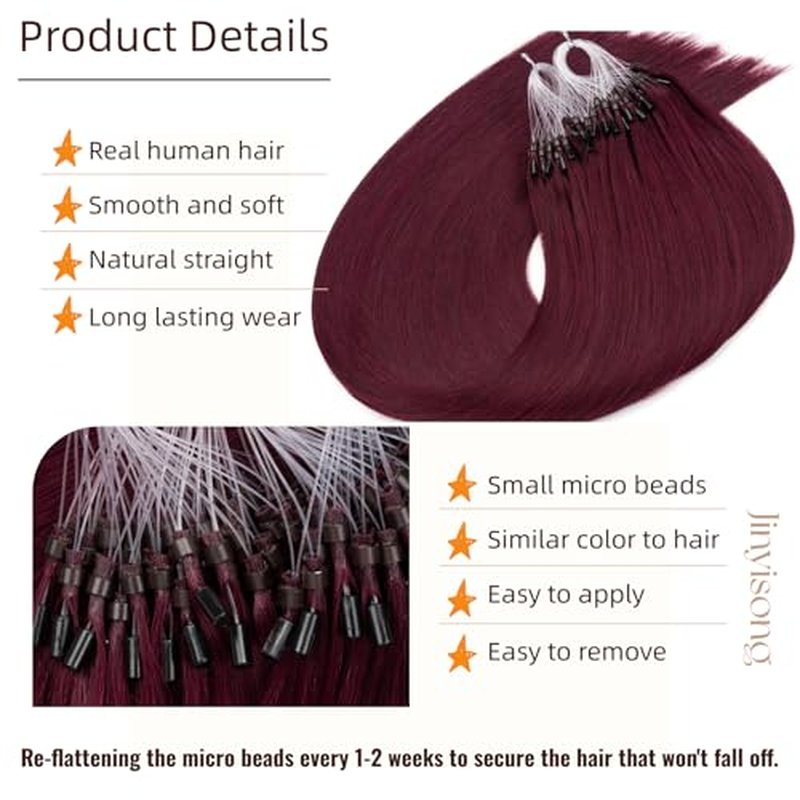 20 Inch Microlink Hair Extensions Micro Bead Extensions Hair Real Human Hair #99J Micro Ring Hair Extensions Red Wine Virgin Remy Micro Link Hair 1g/s 50g