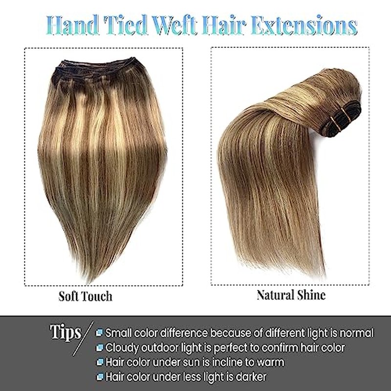 Sew in Hair Extensions Real Human Hair, 16 Inch 100G Weft Bundles Ombre Brown and Blonde Balayage Highlights Weave for Women