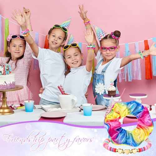 24 Pcs Preppy Friendship Bracelets for Teen Girls Clay Bead Bracelets and Shiny Metallic Hair Scrunchies Heart Surfer Friendship Bracelet Bulk Elastic Hair Ties for Girls Party Favor Gift