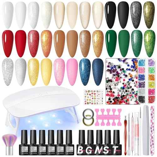 COSCELIA 33PC Gel Nail Polish Kit with U V Light, 10 Colors Pink White Yellow Glitter Gel Polish Starter Kit Nail Art Decorations Complete Manicure Tools for Women Home Salon