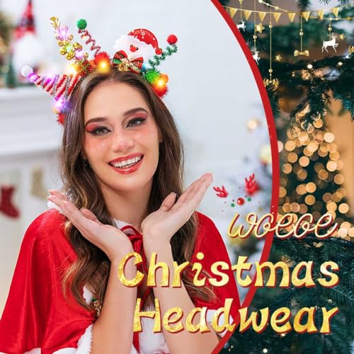 Woeoe Led Christmas Headband Santa hat Hair Hoop Bells Cute Christmas Costume Snowman Headpieces Light Up Headpiece