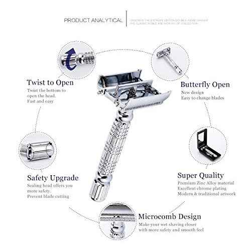 BAILI Butterfly Open TTO Double Edge Metal Safety Razor Wet Shaving Kit for Men Women with Platinum Blade and Mirrored Travel Case BD179
