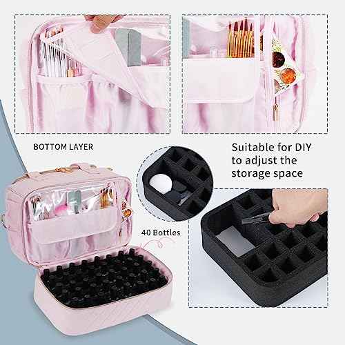 Nail Polish Organizer Case,Nail Storage Organizer Holds Nail Lamp & 50 Bottles Nail Polish,Travel Nail Tech Case,Nail Kit Organizer Bag Fits Nail Supplies & Manicure Tools,Pink (Patented)