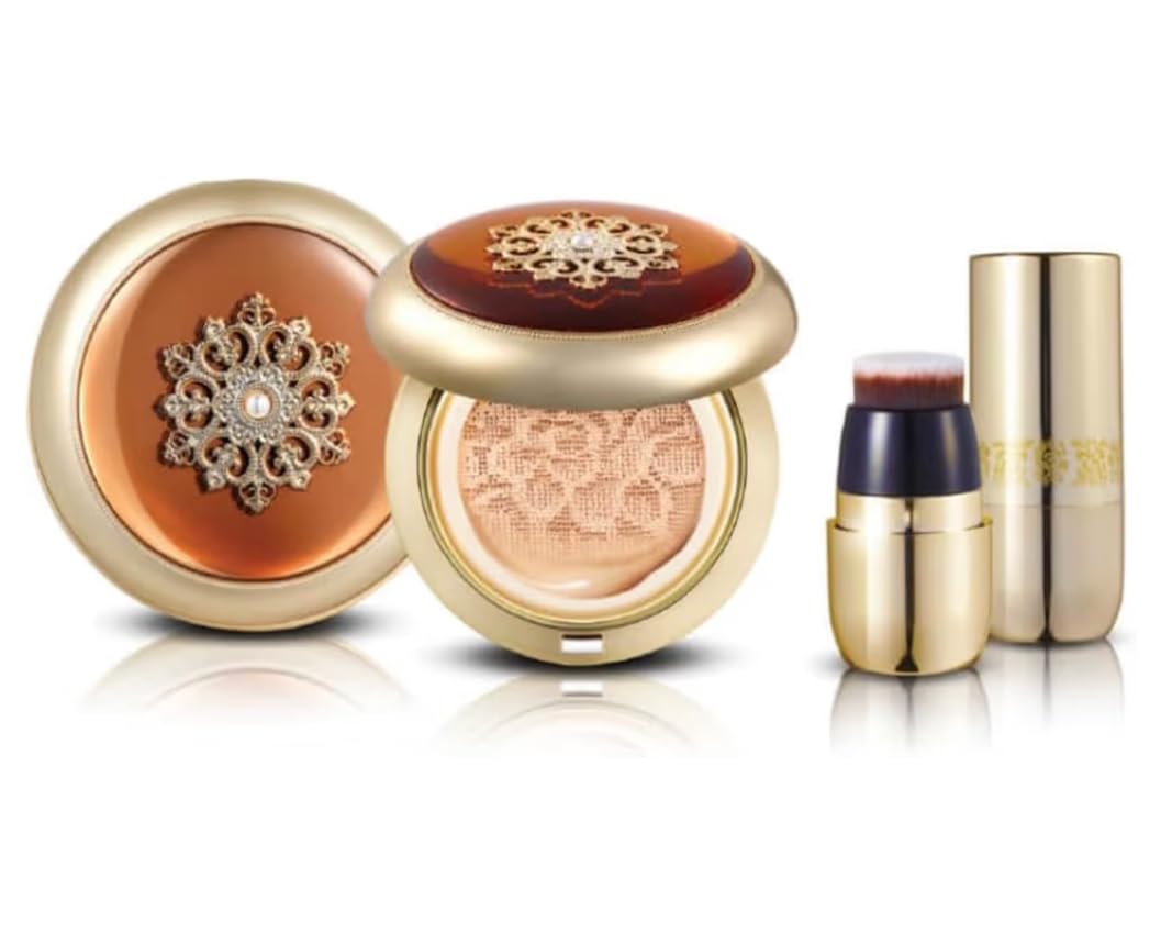 THE WHOO Radiant Essence Cushion Special Set (Main 15g + Refill 15g + Brush + Pouch) No.21 Light Beige, Intensively Hydrating for Moisturizing & Soothing skin. Made in Korea