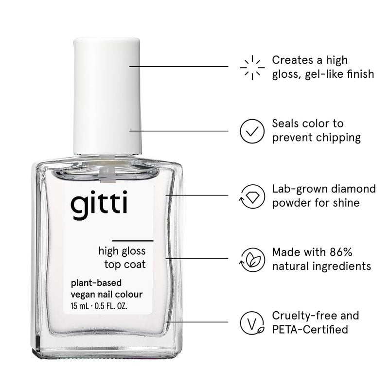 gitti Top & Base Coat I Plant-based, Non-Toxic, 30-Free, Based On Natural Origin Ingredients, Cruelty-Free, Vegan, Long-Lasting I Prevents Discoloration & Chipping, Glossy Finish, Clear (0.5 fl oz)