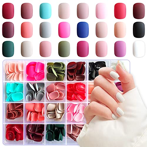 AddFavor 576pcs Short Press on Nails Full Cover Matte Fake Nails Solid Colors Acrylic Artificial False Nail Tips for Women Girls Nail Art Manicure