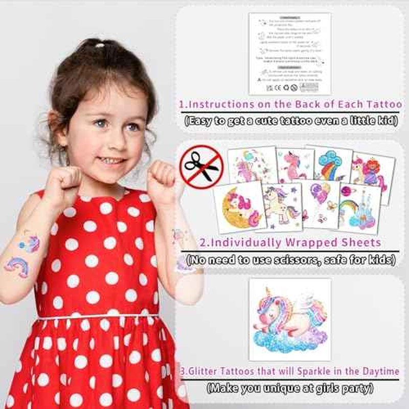 Partywind Glitter Temporary Tattoos for Kids Girls, Birthday Party Supplies Favors Decorations, Kids Goodie Bag Stuffers, Fake Tattoo Stickers for Back to School Party Games Prizes (50 Sheets)