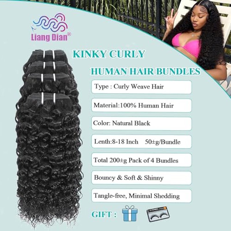 Liang Dian Curly Bundles Human Hair 12 12 14 14 Inch Kinkycurly Bundles Human Hair for Black Women 100% Unprocessed 12A Brazilian Virgin Hair Quick Weave Extensions Natural Black