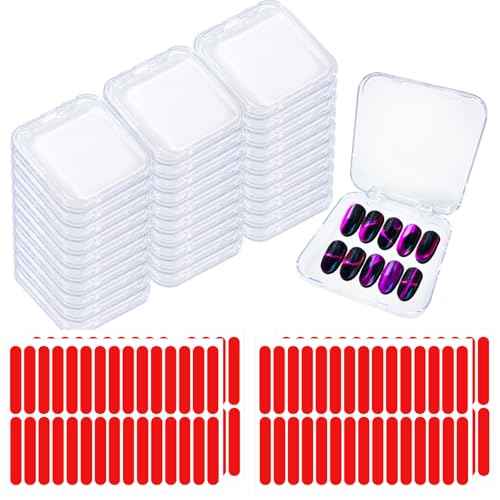 Press on Nail Box,30 Sets Display Case Artificial Nail Display Storage Box with 60 Pcs Adhesive Double Sided Tape Acrylic Nail Box Press On Nail Packaging for Nail Salon
