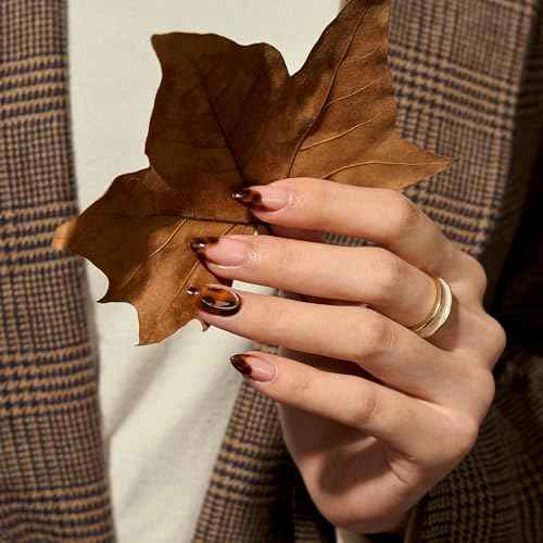 BTArtbox Press On Nails Almond - Amber Hoops, Tortoise Shell Short French Tip Press On Nails with Glue and Adhesive Tabs for Women, Soft Gel Glue On Nails in 16 Sizes - 32 Stick On Nails Kit