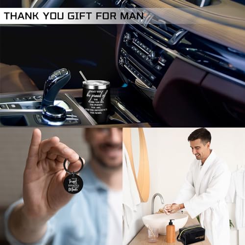 Dandat Set of 3 Thank You Gift for Men Leather Toiletry Bag May You Be Proud of The Work Sign 12oz Stainless Steel Tumbler with Inspirational Keychain for Men Teacher Male Staff(Black)