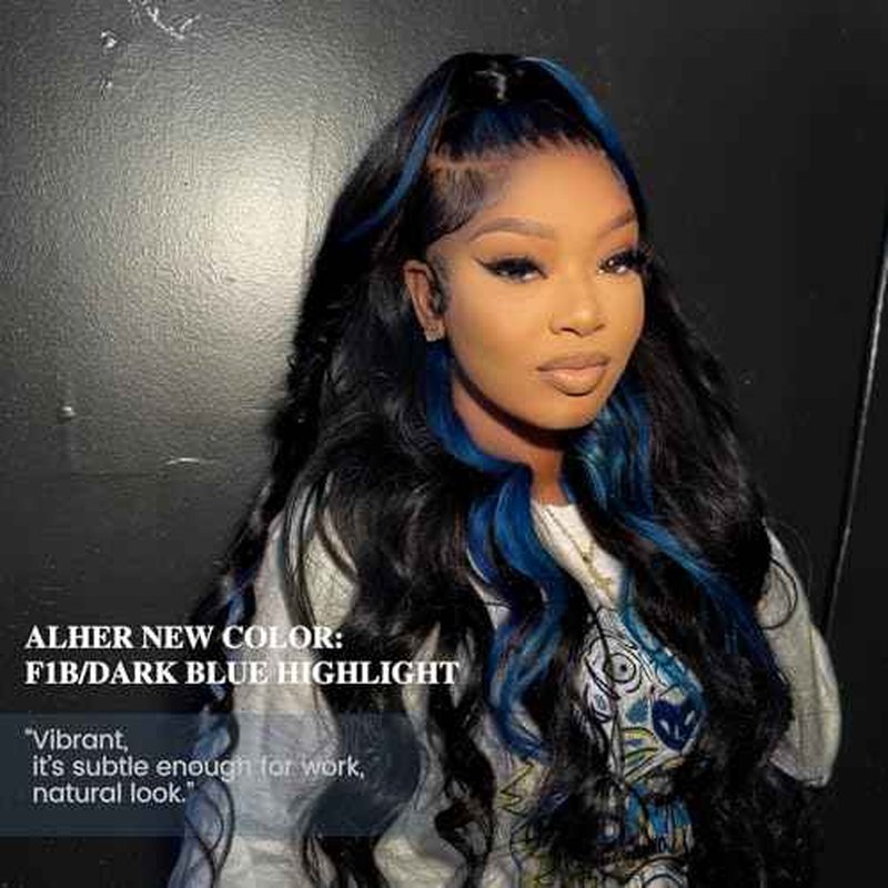 ALHER Midnight Blue 3 Bundles with 4x4 HD Lace Closure Human Hair 16 18 20+16 Inch, Body Wave #F1B/BlueBlack Roots to Blue Colored Bundle Wavy 100% Remy Hair Bundles with Closure Free Part