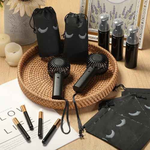 Woanger 24pcs Lash Shampoo Kits Rechargeable Handheld USB Portable Fans Eyelash Shampoo Brush Empty Bottle Drawstring Bag for Lash Care Operation Christmas Items Employee Appreciation Gift(Black)
