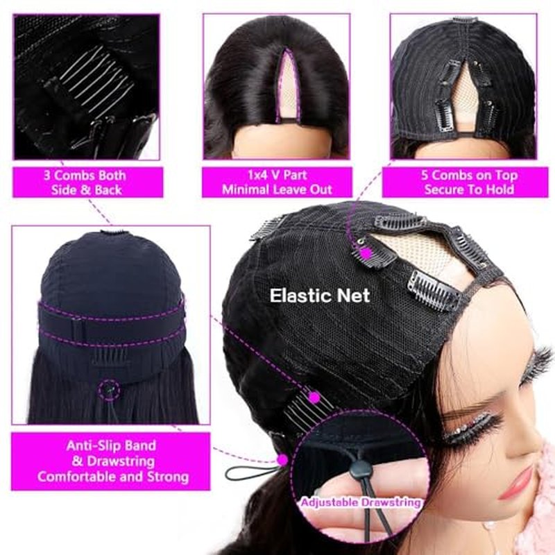 V Part Wigs Body Wave Brazilian Virgin Human Hair Wigs For Black Women Upgrade U Part Glueless Wigs Full Head Clip In Half Wig V Shape Wigs No Leave Out Lace Front Wigs 180% Density 14Inch