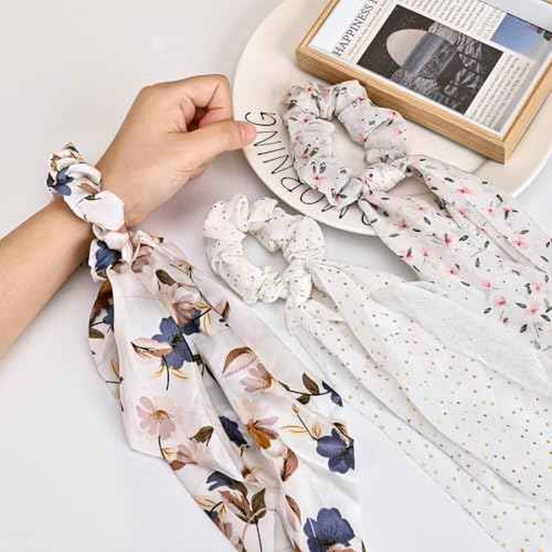 4-Piece Satin Hair Scarf Scrunchies for Women Girls, No Damage Cute Hair Ties with Bow Ribbons Ponytail Holders Elastic Rubber Bands (White Flower)