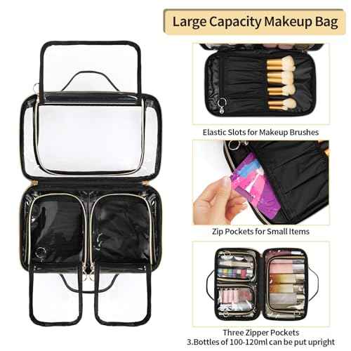 OCHEAL Travel Toiletry Bag, Double Layer Clear Makeup Bag Organizer Large Capacity Cosmetic Bag for Traveling Women Beauty Essentials, Multiple Compartments Makeup Case- Black