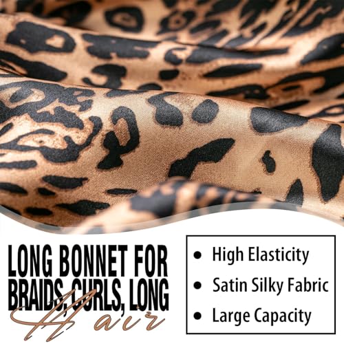 2Pcs Bonnets for Black Women Braid Bonnet, Large Long Satin Bonnet for Braids, Silk Bonnet with Stretchy Tie Band Sleep Cap Hair (2Pcs-Black&Leopard)