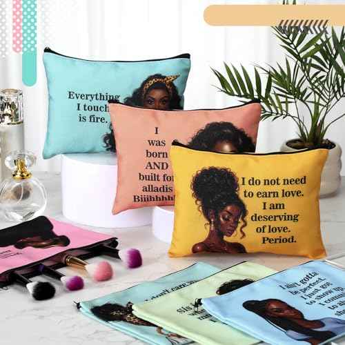 Silkfly 24 Pcs African American Makeup Bag Black Girl Women Cosmetic Bag Magic Afro Queen Inspirational Christmas Stocking Stuffers Gift Canvas Toiletry Zipper Travel Organizer Purse Accessories